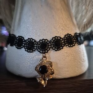 Black Lace Choker Necklace with Gold Flower Pendant
